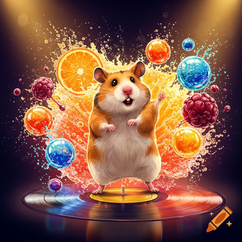 A cheerful hamster dancing on a colorful vinyl record, surrounded by vibrant splashes of orange juice, raspberries, and sparkling soda bubbles.
