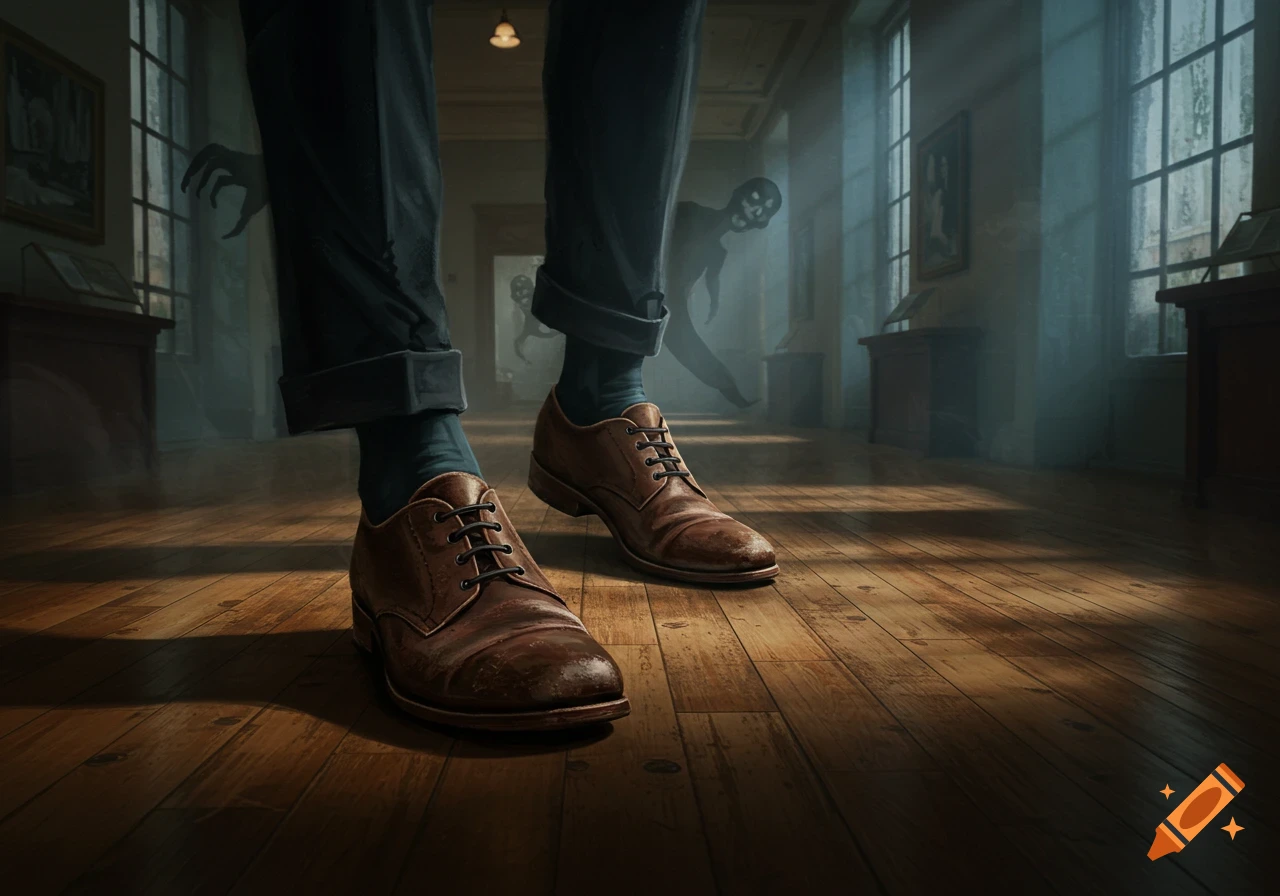 Worn leather shoes on a dim museum floor, with eerie, shadowy figures lurking in the background.
