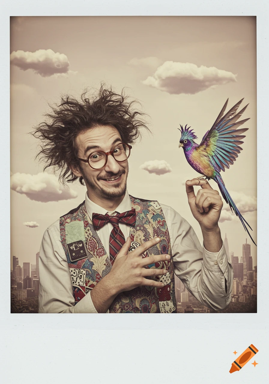 Smiling man with wild hair, glasses, and a colorful vest holds a vibrant rainbow bird in a surreal Polaroid photo.