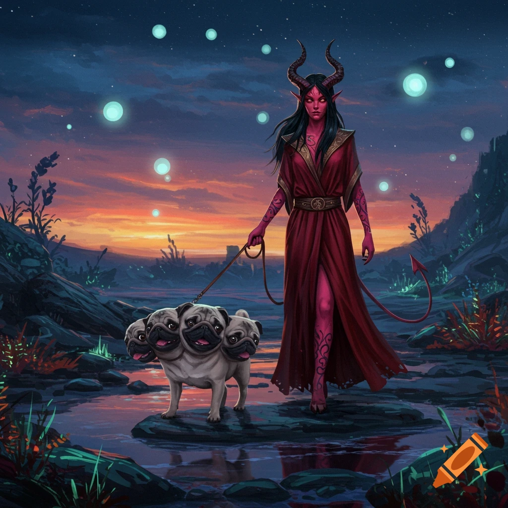 A red-skinned demon woman with horns and a tail walks a three-headed pug on a leash through a glowing fantasy landscape at dusk, digital painting.
