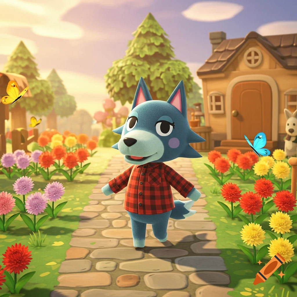 A blue Animal Crossing wolf villager in a red plaid shirt walks on a stone path in a sunny, flowery village.