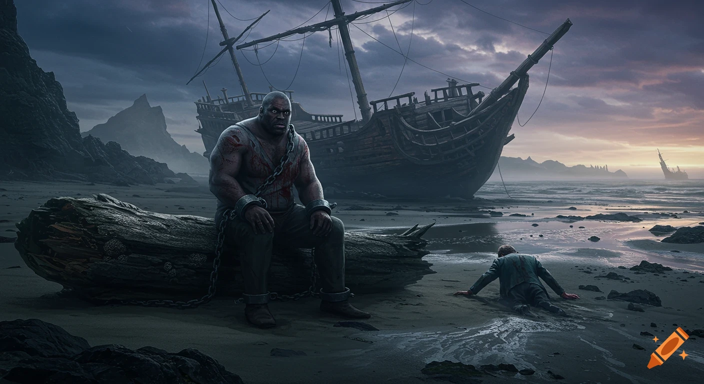 Photorealistic cinematic image of a chained muscular man on a log and another man collapsed on a desolate beach with a shipwreck at twilight.