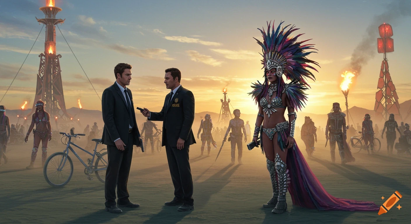 Two men in suits talk to a woman in an ornate, feathered costume at a desert festival with burning structures at sunset.