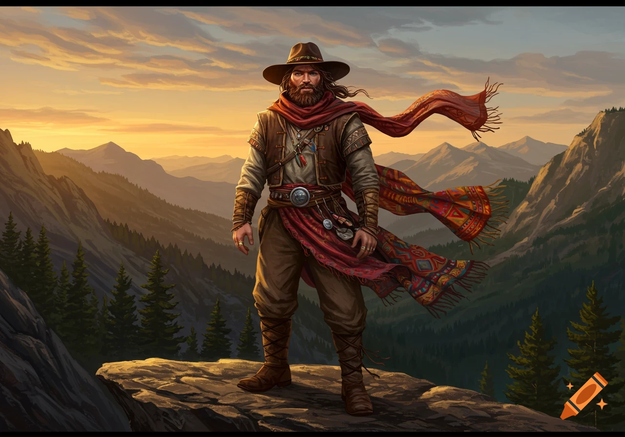 Rugged bearded man in a hat and flowing scarf stands on a mountain peak at sunset, digital painting.