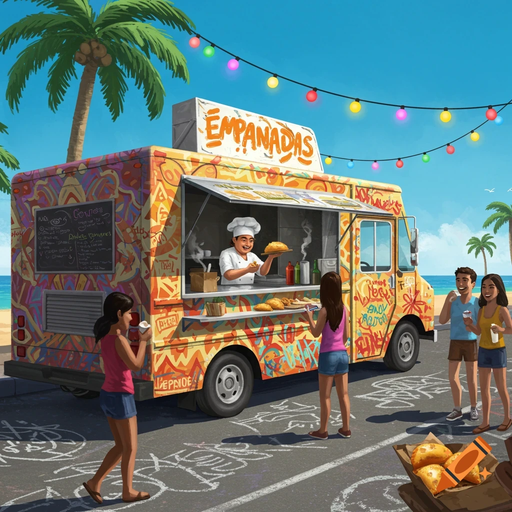 Vibrant illustration of a colorful food truck serving empanadas to customers at a sunny beachside festival with palm trees.