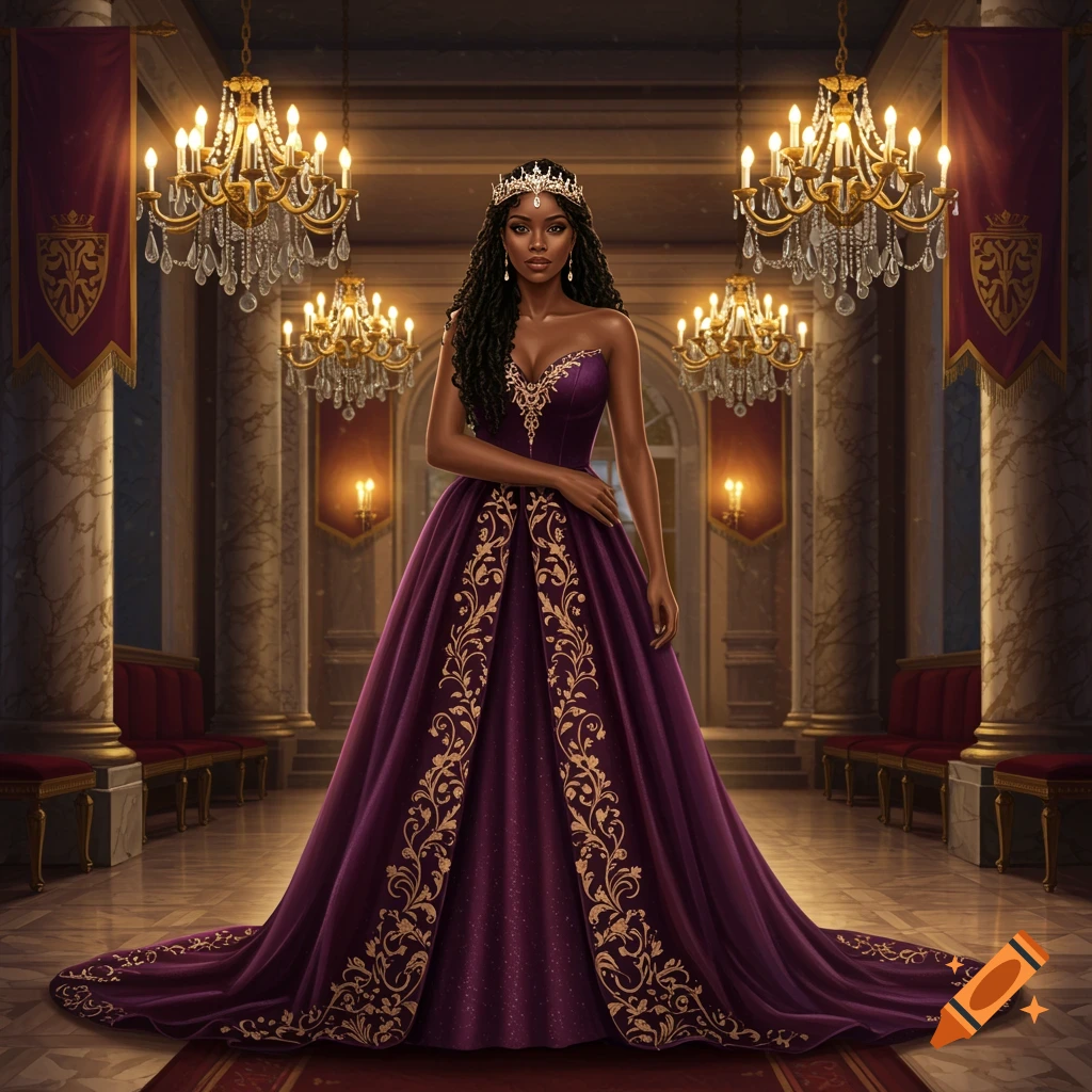 A regal Black woman in a flowing purple and gold gown and crown stands in an opulent palace hall under crystal chandeliers.
