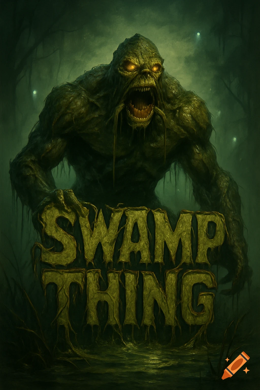 Menacing green swamp monster with glowing yellow eyes looms over moss-covered "SWAMP THING" title in a dark, misty swamp.