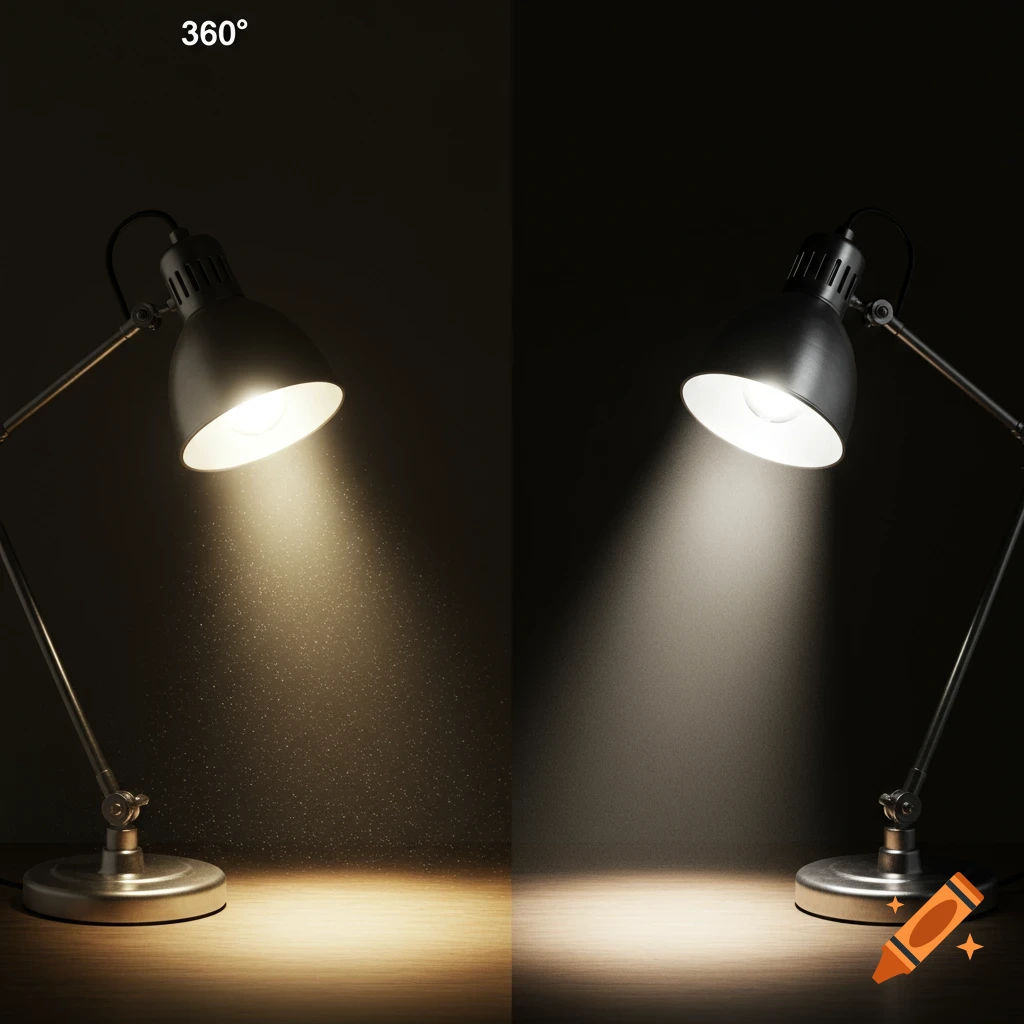 Two desk lamps showcase different lighting effects: one with a broad, scattered beam marked 360°, the other with a focused spot.
