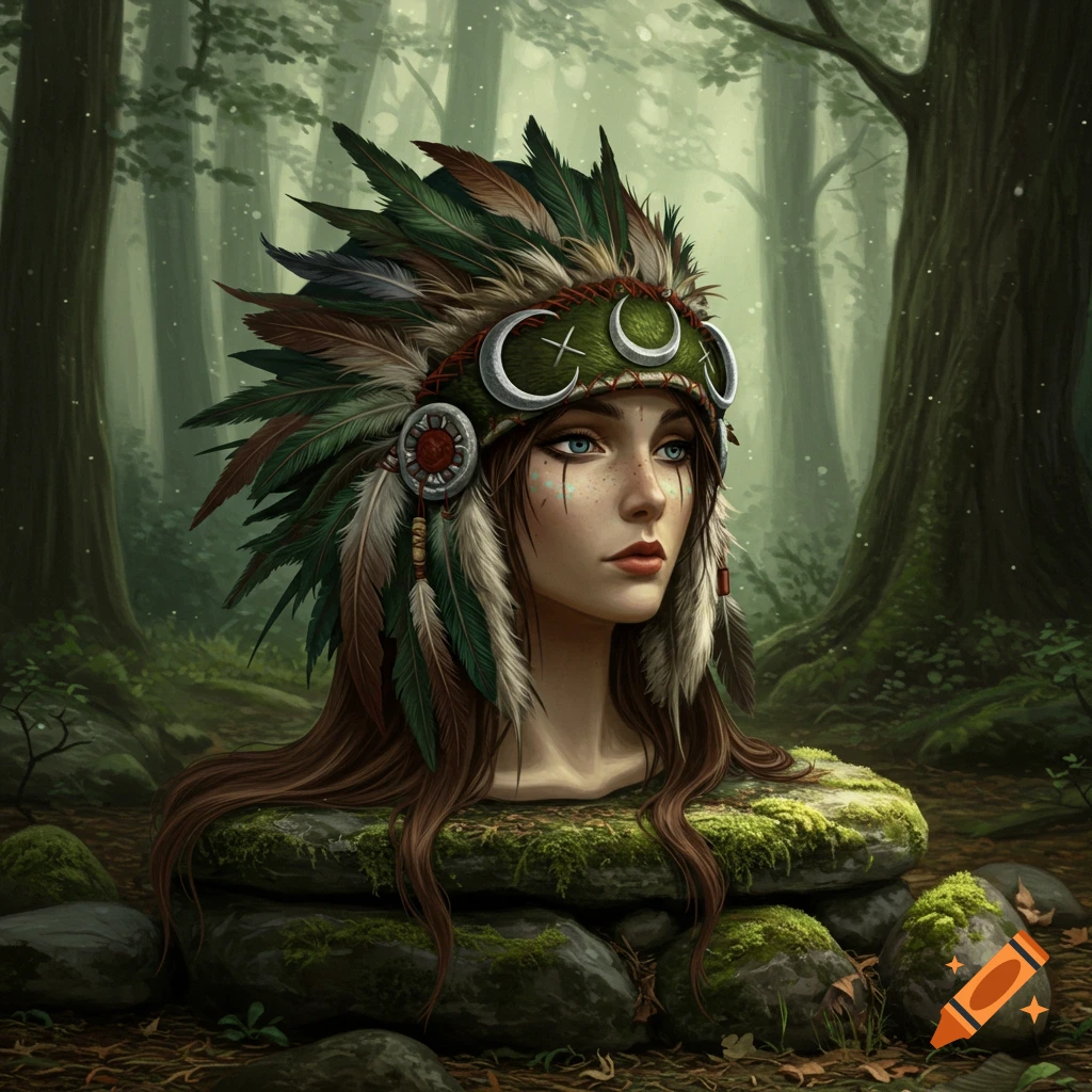 Fantasy portrait of a woman's bust in an ornate feather and fur headdress with a silver crescent moon, in a mossy forest.