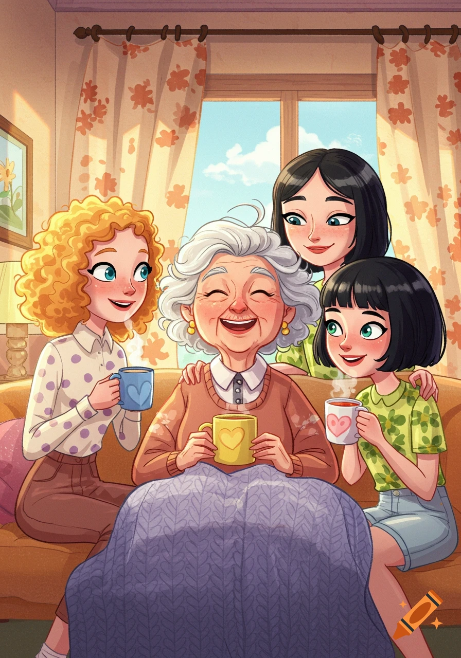 A joyful cartoon of an elderly woman and three younger women (her daughters) smiling while drinking from mugs in a cozy living room.