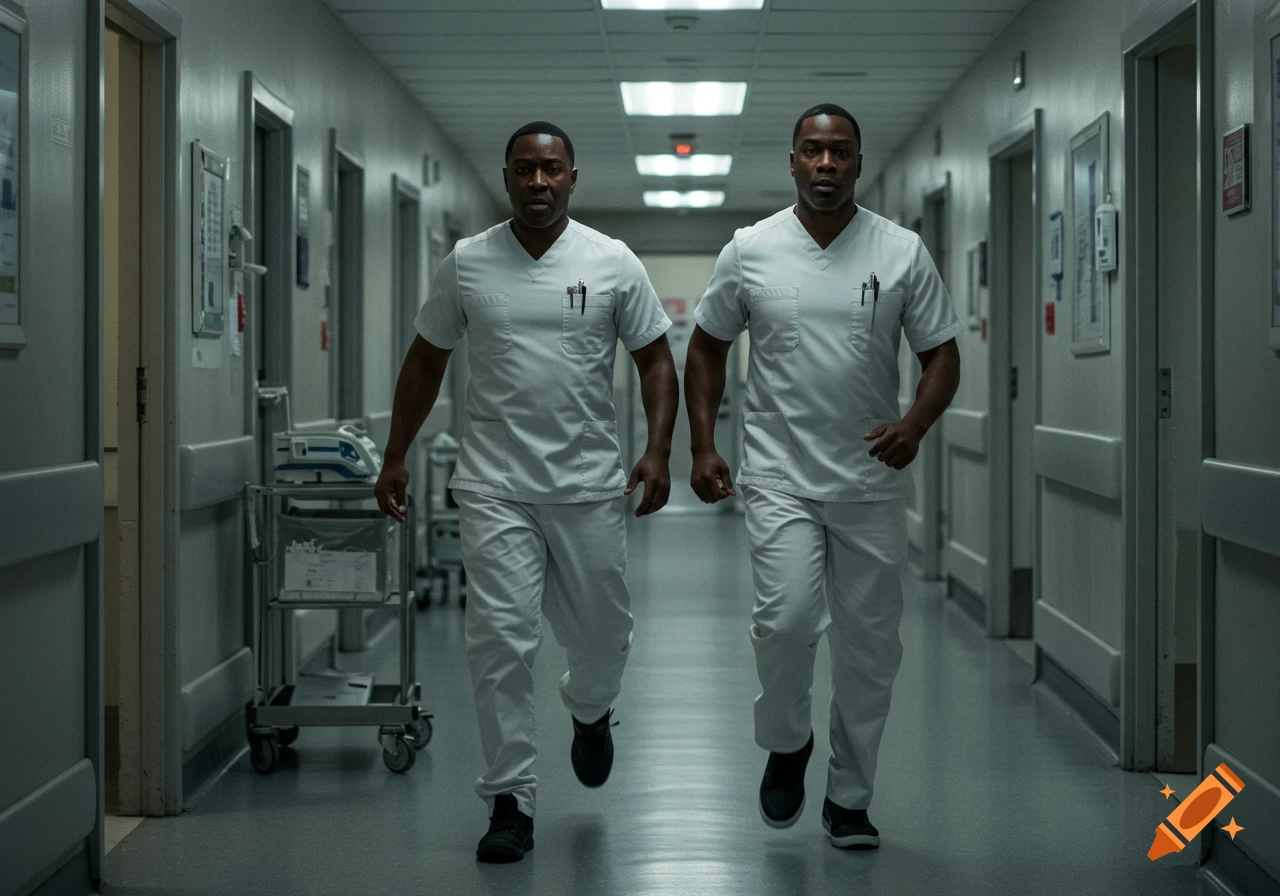 Two identical men in white medical scrubs run down a sterile hospital hallway towards the viewer.