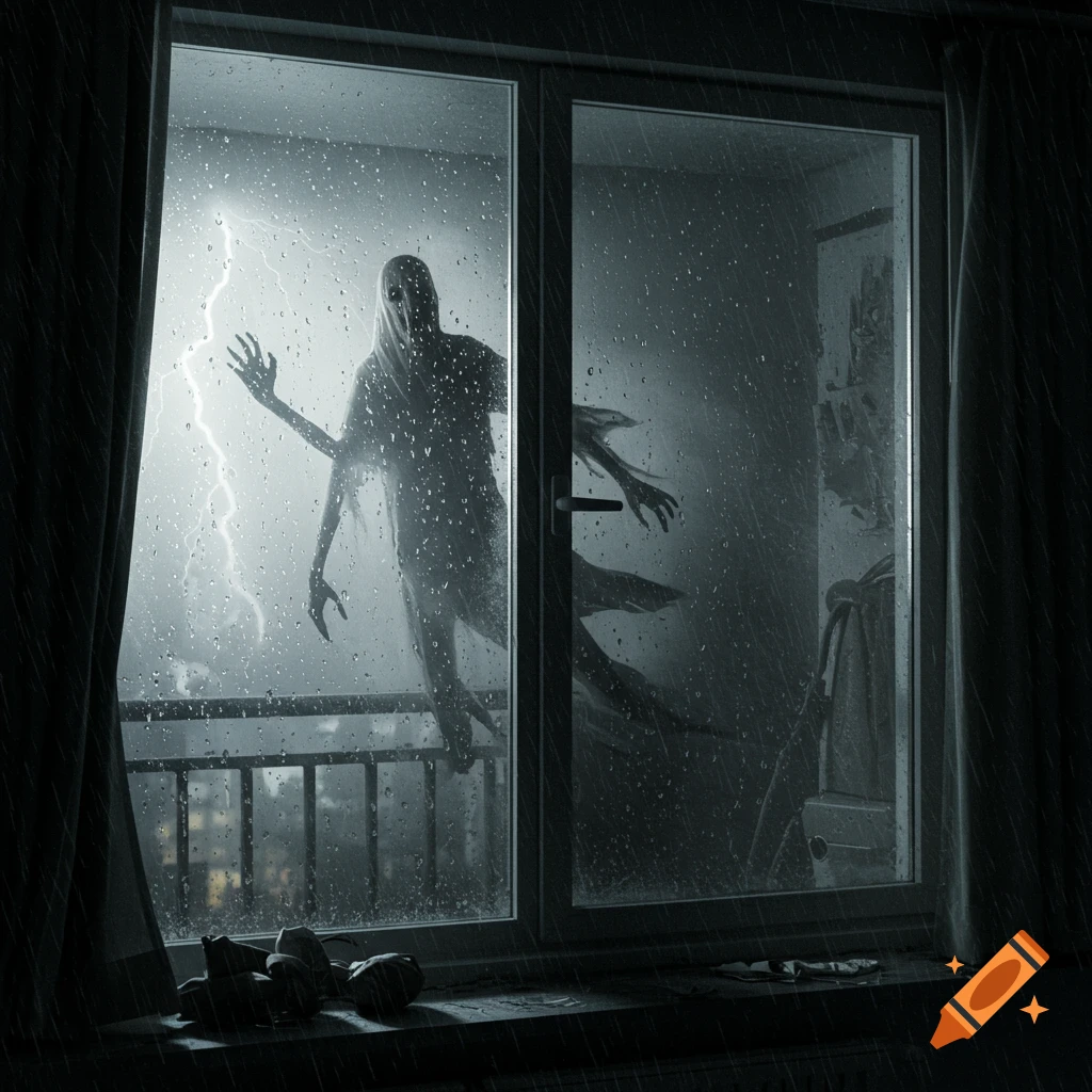 A ghostly white figure with long clawed hands appears outside a rain-streaked window during a lightning storm, viewed from inside a dark room.
