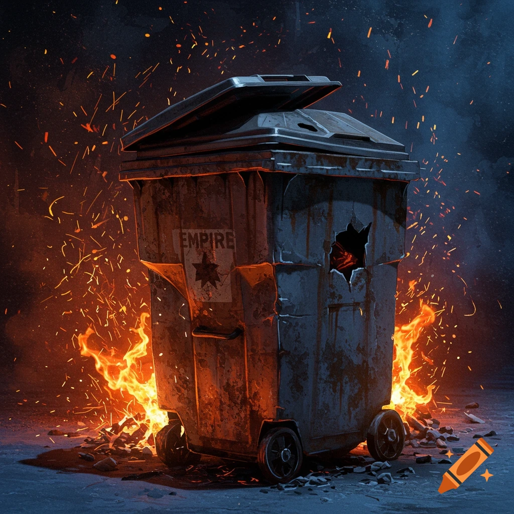 A dark, dramatic digital art image of a rusty, damaged trash bin engulfed in flames and sparks. The word 'EMPIRE' is on its side.