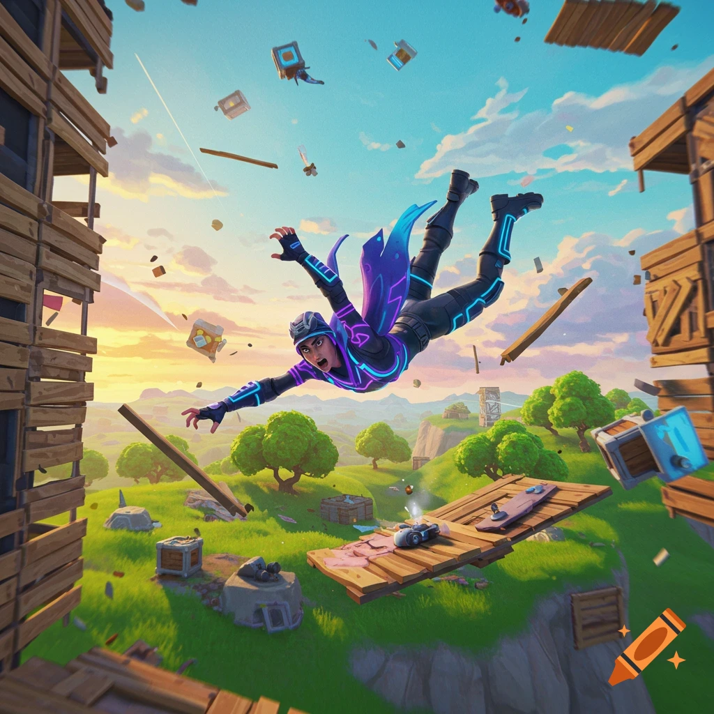 Fortnite character in a neon suit falling amidst destroyed wooden structures and debris over a green landscape at sunset.