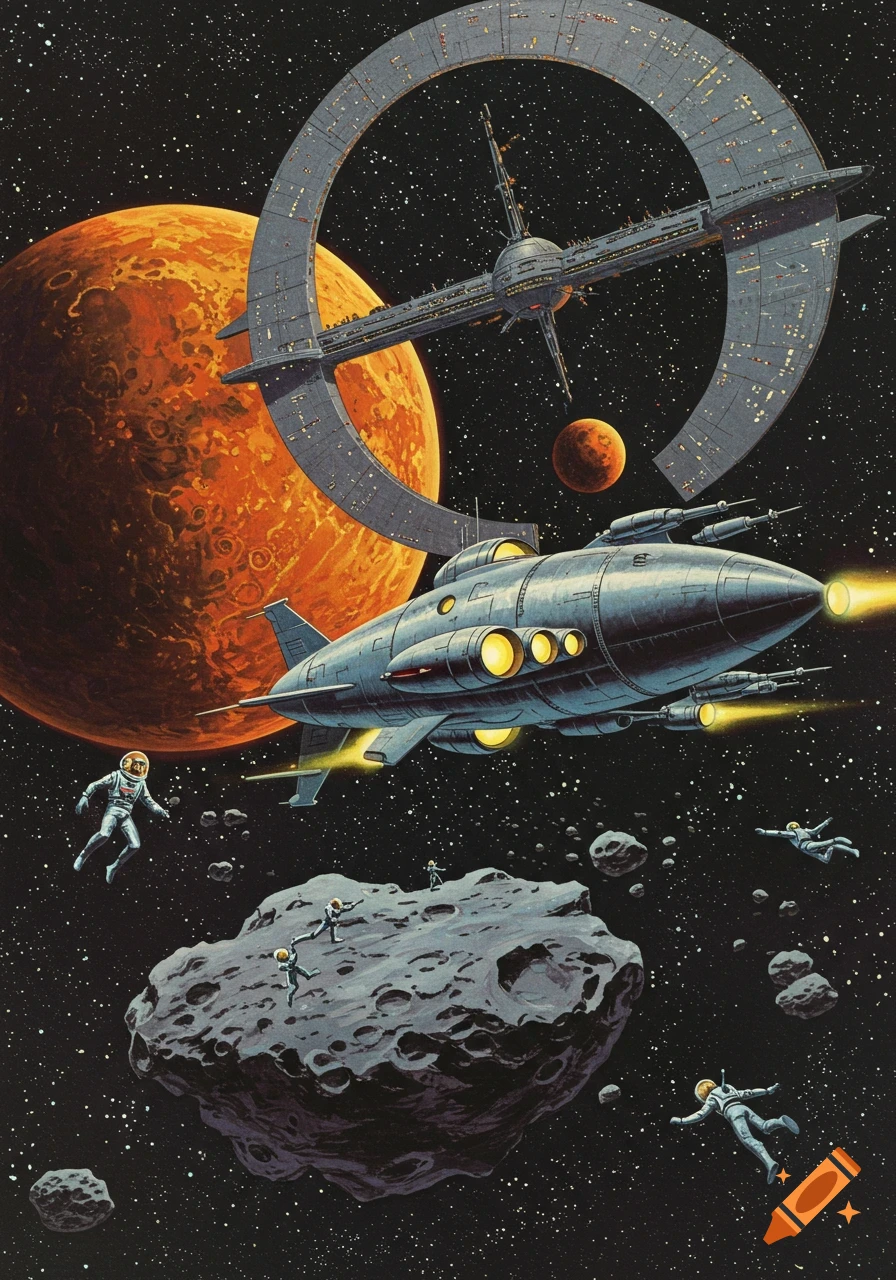 A vintage sci-fi illustration featuring a spaceship, astronauts, an asteroid, planets, and a space station in outer space.