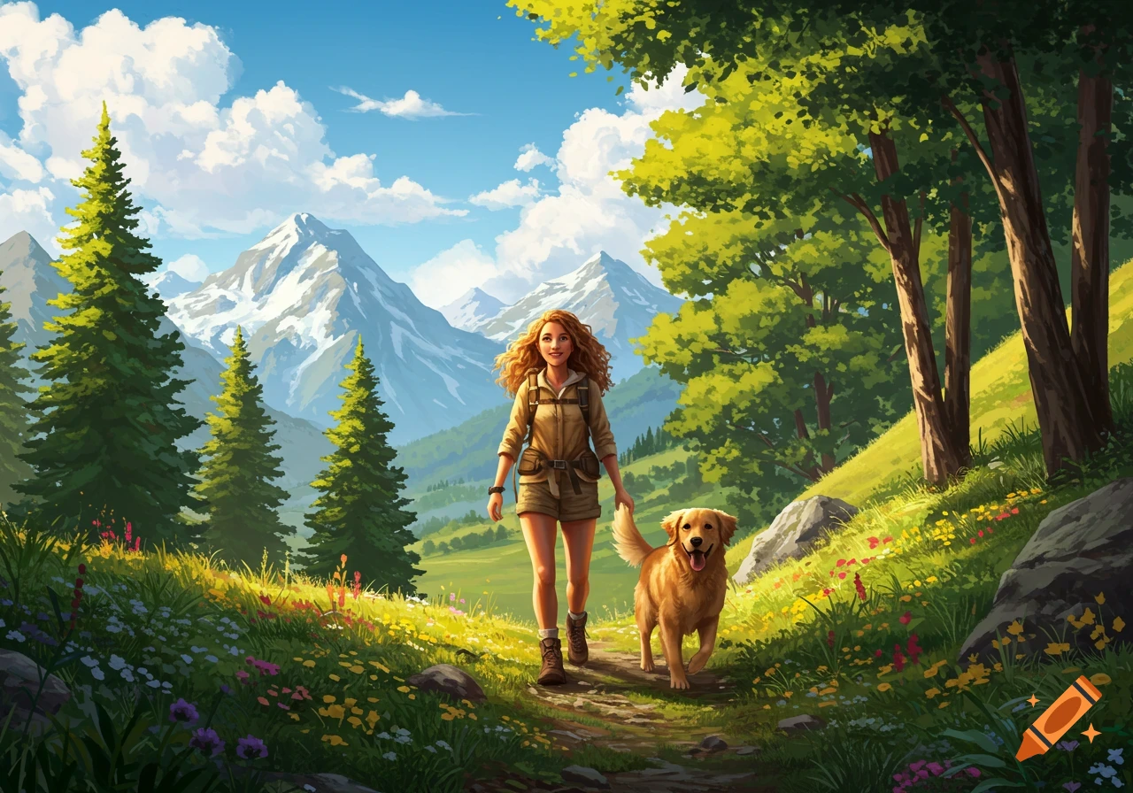 Vibrant illustration of a woman and her Golden Retriever hiking on a sunny mountain trail with trees and wildflowers.