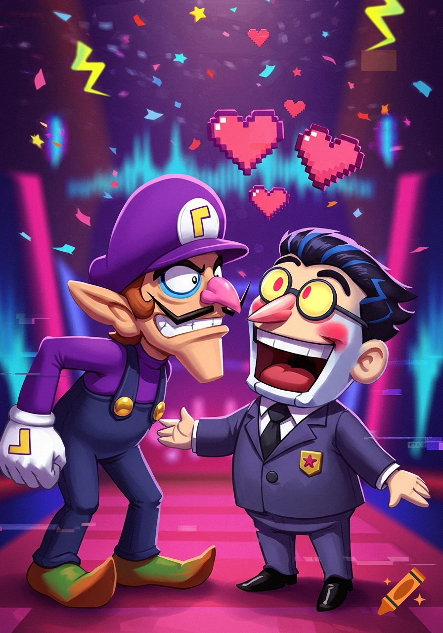 Waluigi and Spamton face each other excitedly in a vibrant, confetti-filled club, with pixelated hearts floating above them.