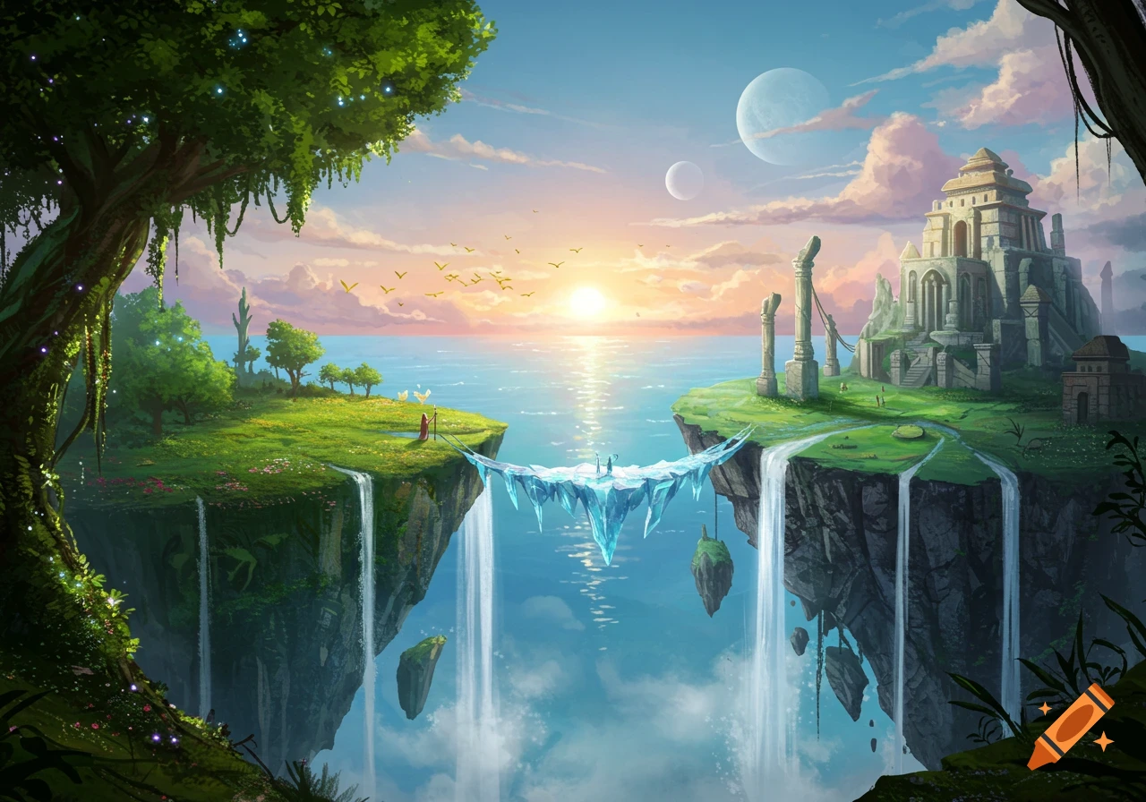 Vibrant fantasy landscape with floating islands, waterfalls, an ice bridge, ancient ruins, and a sunset over the ocean under two moons.