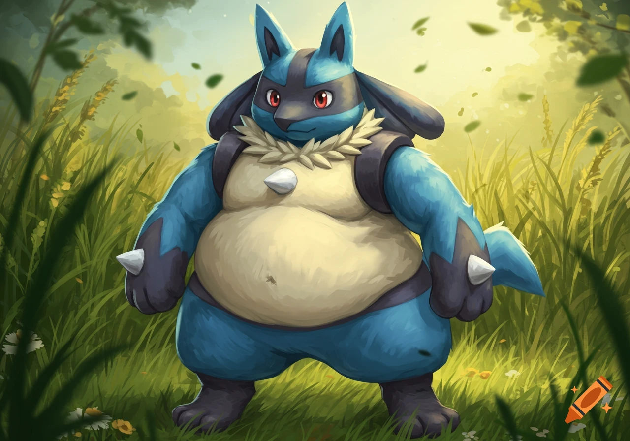 An illustration of a chubby blue and black Lucario standing in a sunny, green forest.