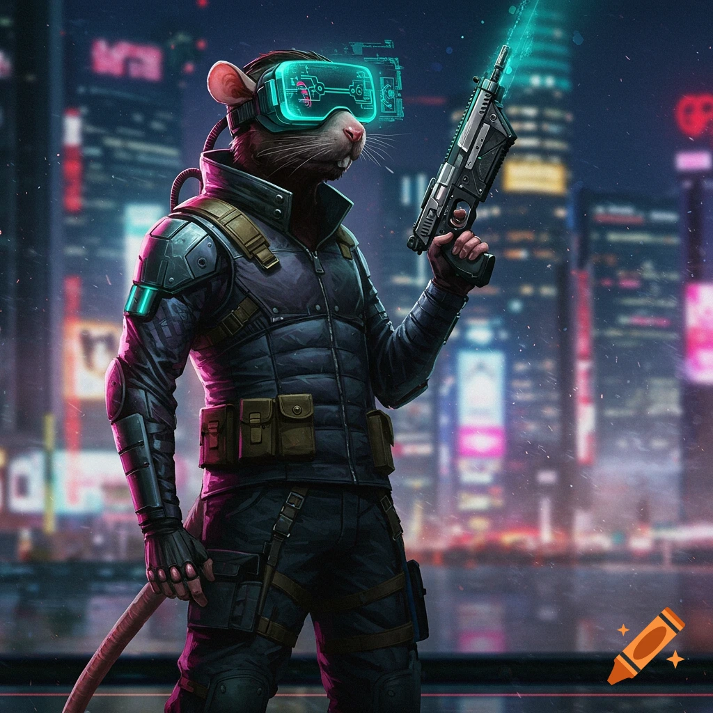 A cyberpunk rat in tactical gear with a glowing VR headset holds a futuristic gun in a neon city at night.