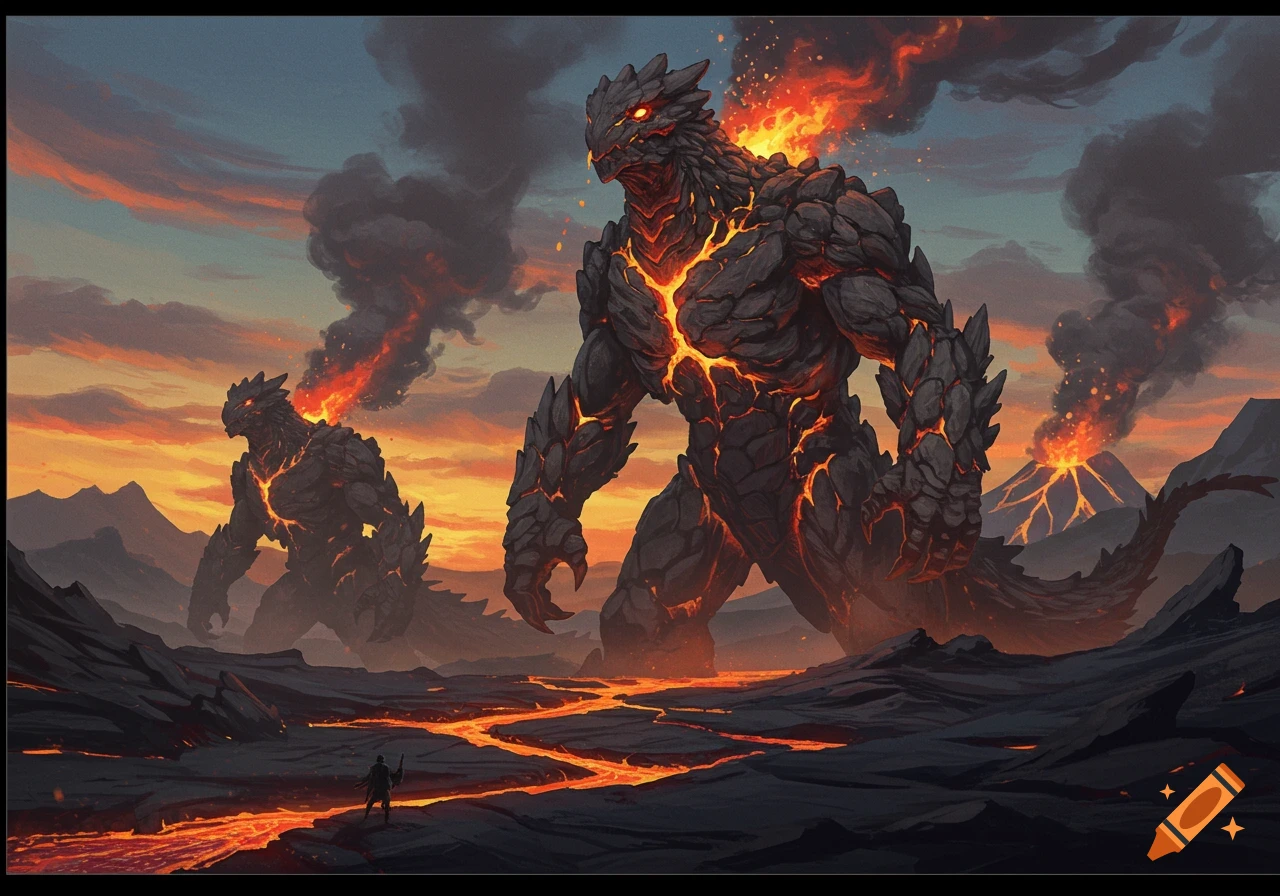 Two colossal lava and rock monsters stand in an active volcanic landscape with lava rivers and erupting volcanoes under a dramatic sunset sky. A small human observes.