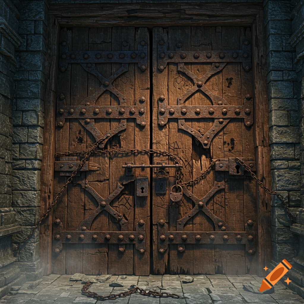 A weathered, dark wooden double door in a stone archway, heavily bolted, locked, and chained. Photorealistic style.