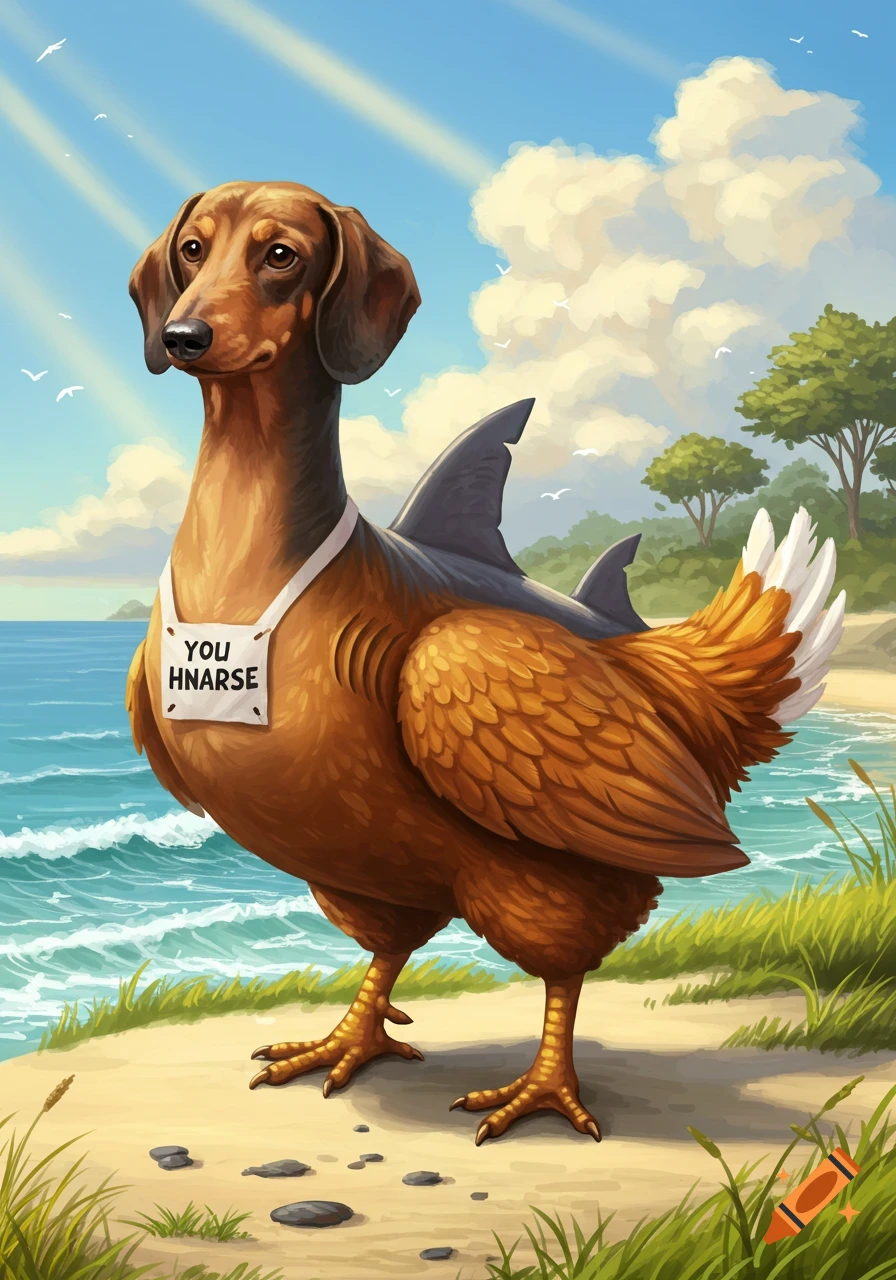 A stylized illustration of a creature with a dachshund head, chicken body, and shark fins, wearing a sign, on a sunny beach with the ocean behind it.