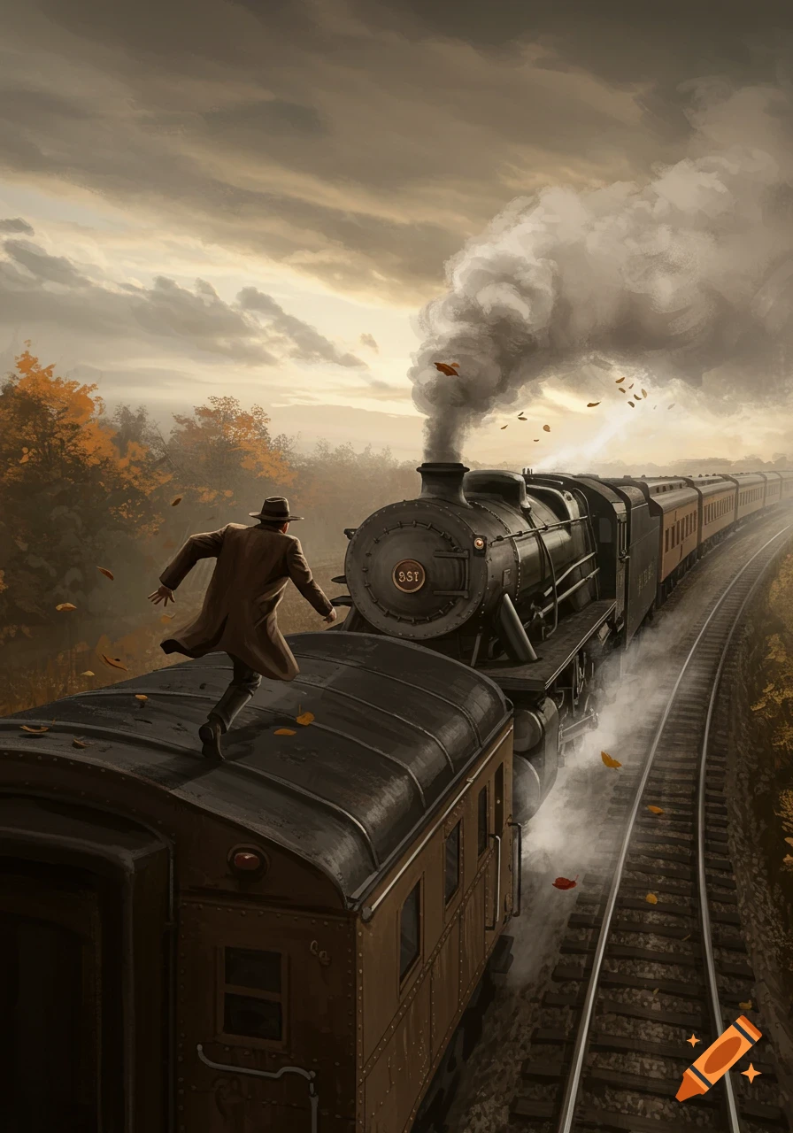 Illustrated man in a trench coat runs on the roof of a steam locomotive, moving through an autumn landscape under a cloudy sky.