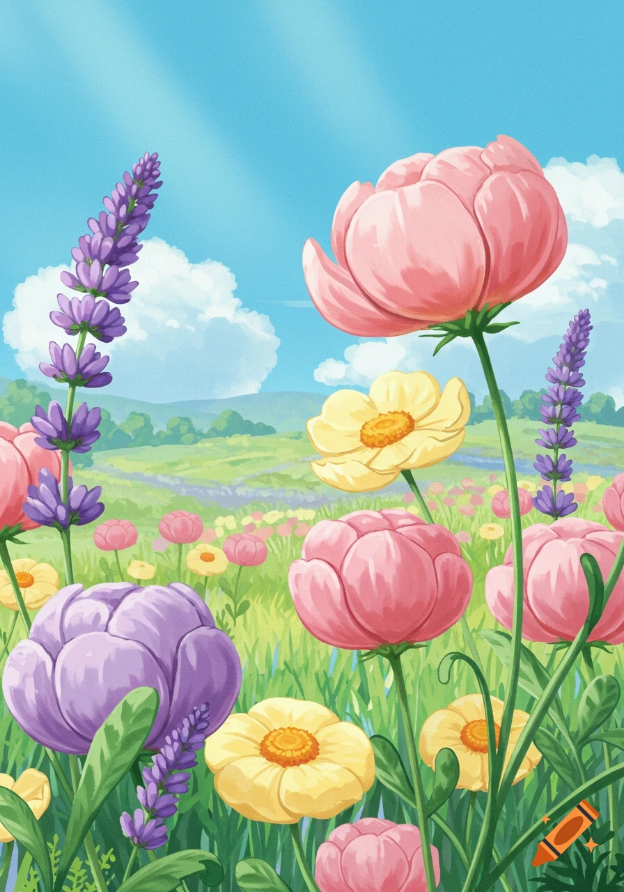 Vibrant field of pink, yellow, and purple flowers under a blue sky in a Studio Ghibli animation style.