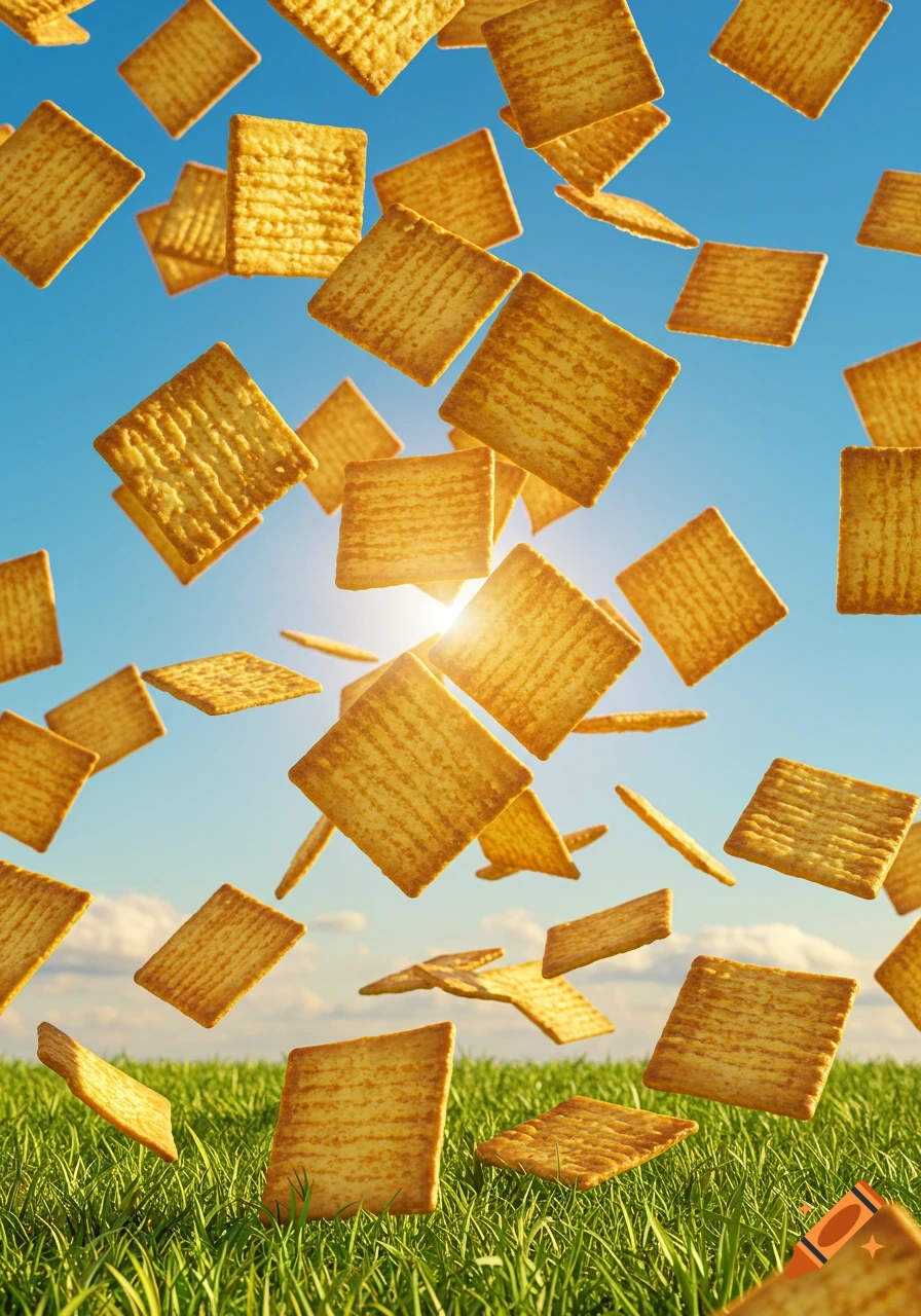 Square ripple chips fall from a bright blue sky towards lush green grass, depicted in a realistic style.