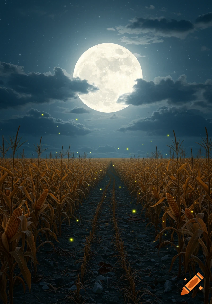 A moonlit cornfield at night with a large full moon, dark clouds, and scattered fireflies.