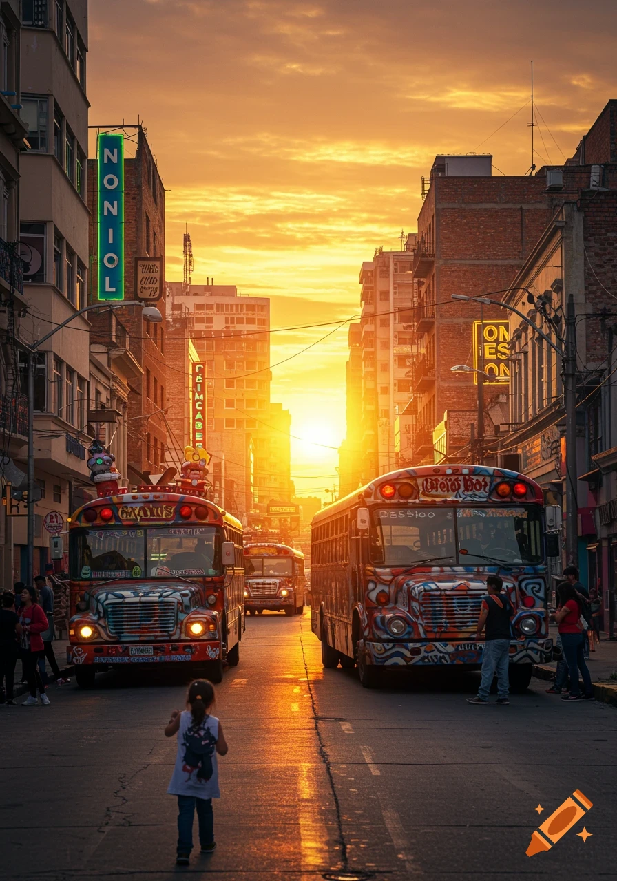 Photorealistic image of colorful buses on a vibrant city street at sunset, with a child walking in the foreground.