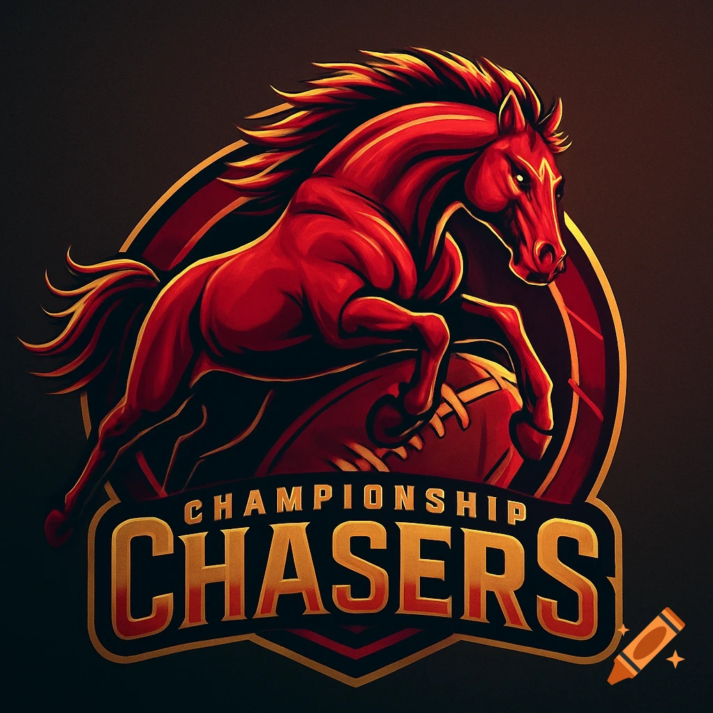 A vibrant red stylized horse mascot leaping over a football, with 'CHAMPIONSHIP CHASERS' text below, in a sports logo style.