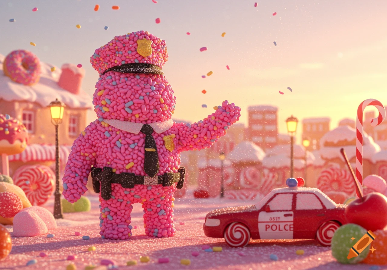 A whimsical pink sprinkle police officer stands next to a candy police car in a vibrant candy land at sunset, with sprinkles falling.