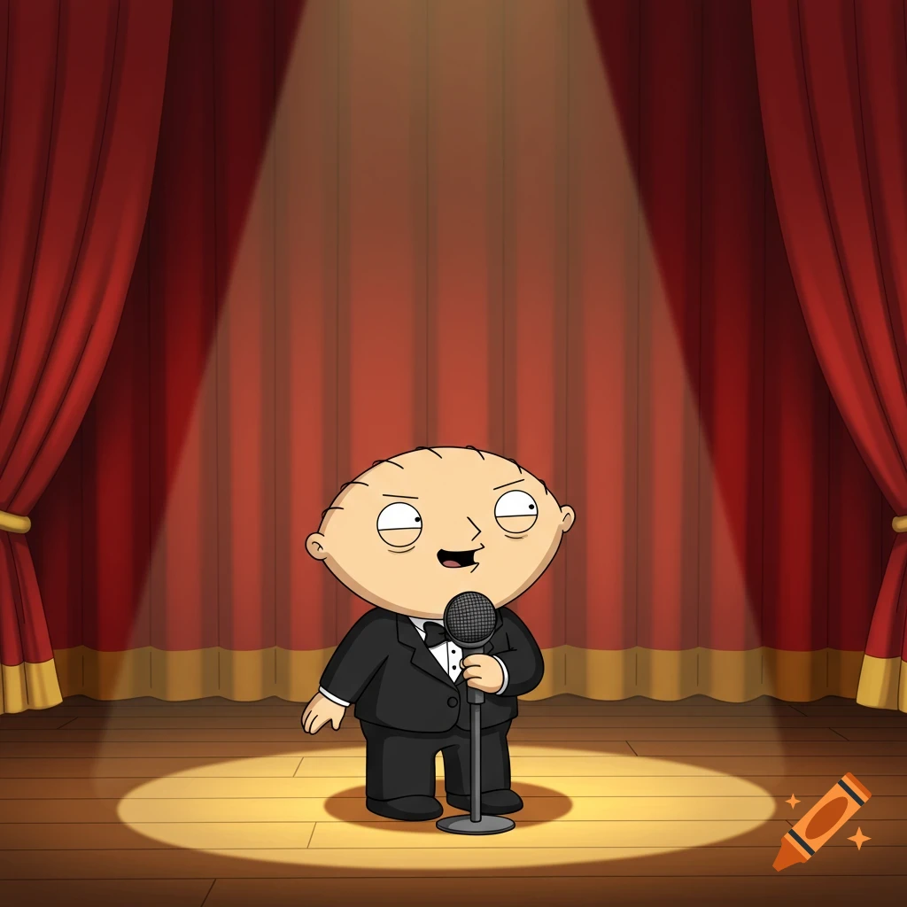 Stewie Griffin from Family Guy, wearing a tuxedo, stands under a spotlight on a stage with red curtains.