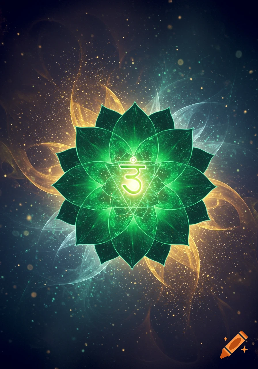 Vibrant green heart chakra lotus symbol with a glowing central character against a dark background with golden and cyan energy tendrils and sparkling dust.