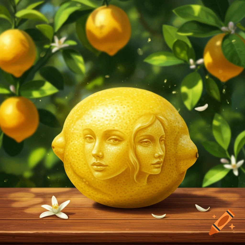 A lemon with two women's faces carved into its peel, sitting on a wooden table with lemon trees in the background.