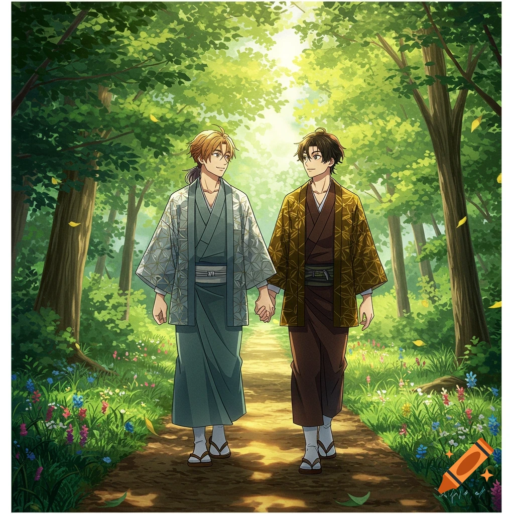 Two anime men in kimonos walk hand-in-hand down a sunlit forest path.