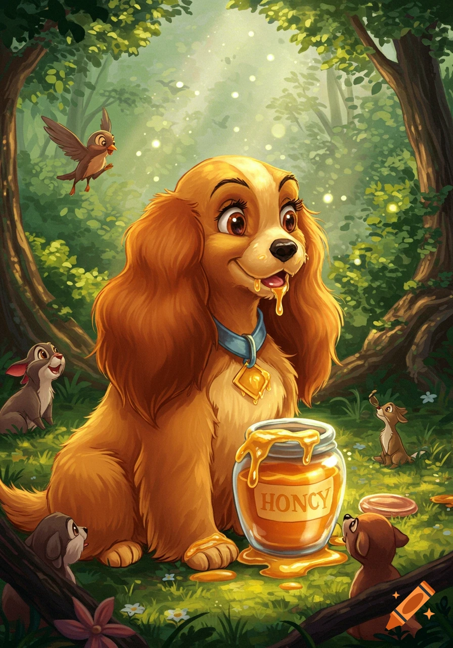 A cartoon dog, Lady, licks honey from a jar in a lush forest with other woodland animals.