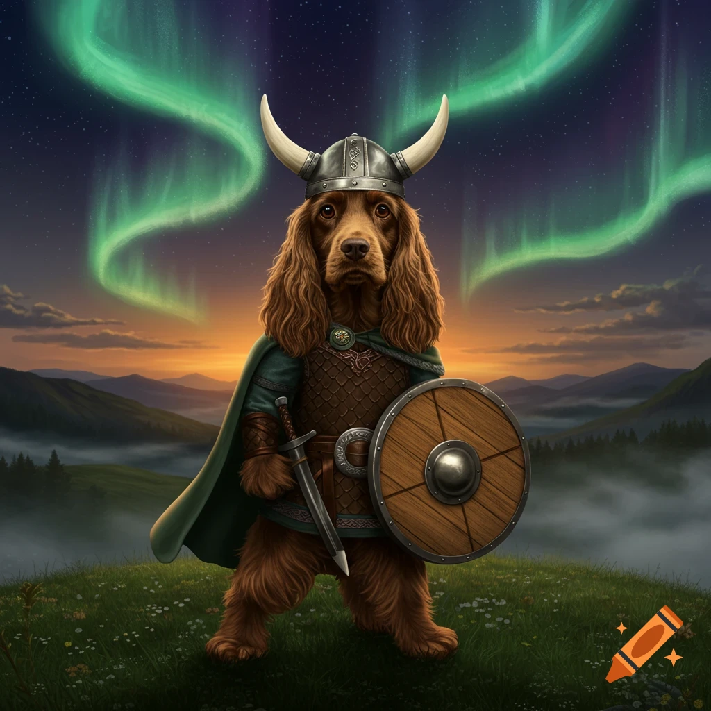 A cocker spaniel in Viking armor, holding a sword and shield, stands on a grassy hill under the aurora borealis.