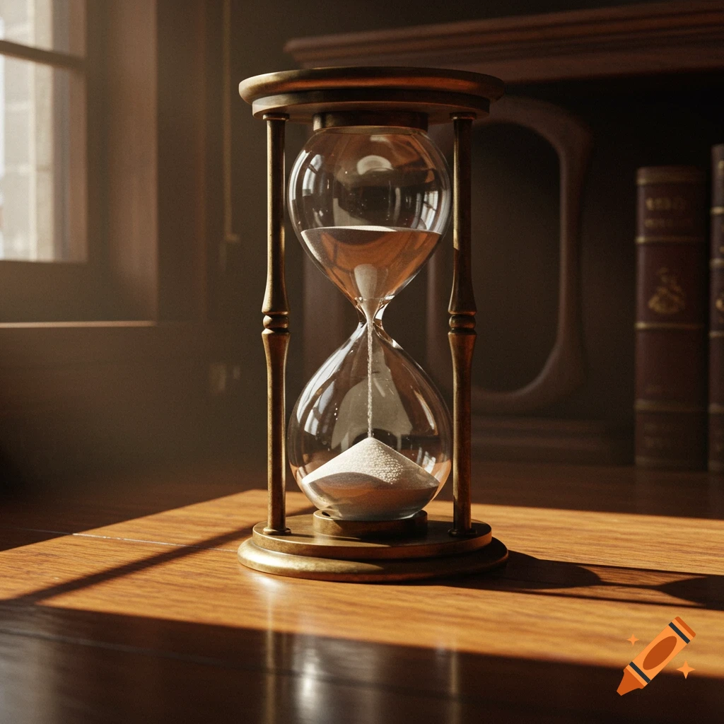Photorealistic hourglass on a wooden table, sand flowing, lit by window light.