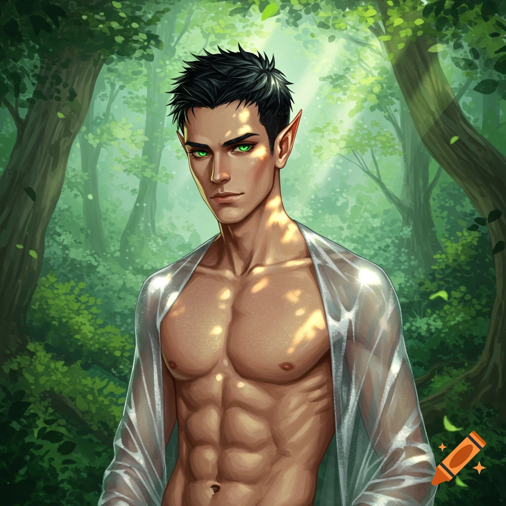 An illustrated male elf prince with short black hair and green eyes, wearing a sheer white shirt, in an enchanted forest with dappled sunlight.