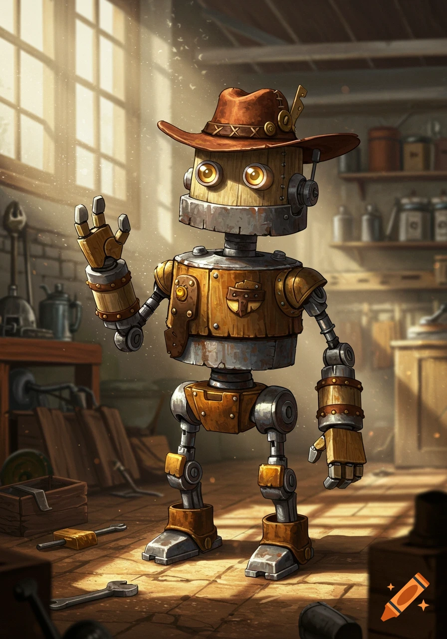 A stylized illustration of a friendly robot made of wood and metal, wearing a cowboy hat and waving, standing in a rustic workshop.