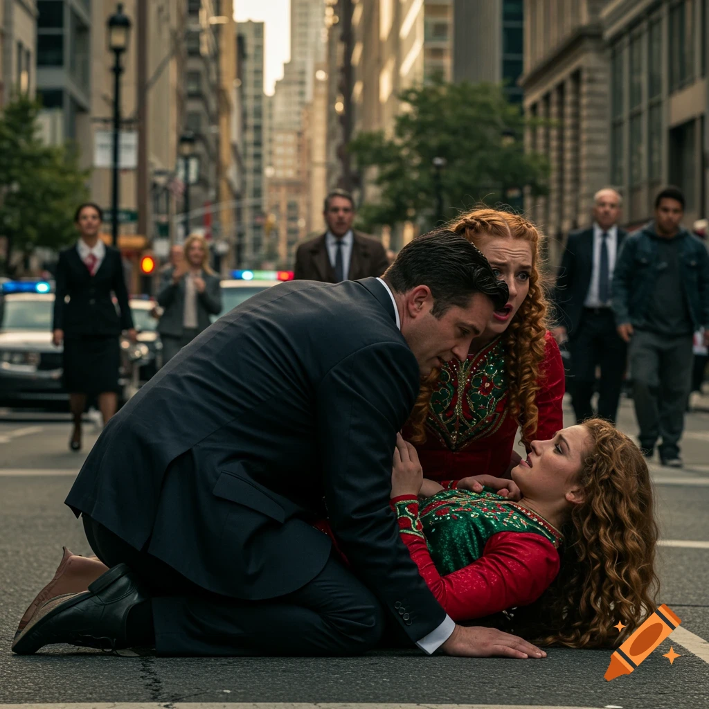 A man kneels over a woman lying on a city street, while a distressed woman watches. A police car is visible in the background.