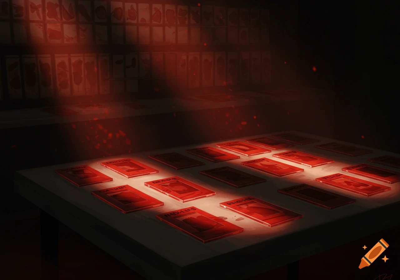 Dark room with glowing red blood slides arranged on a table and shelves, lit by dramatic red light.