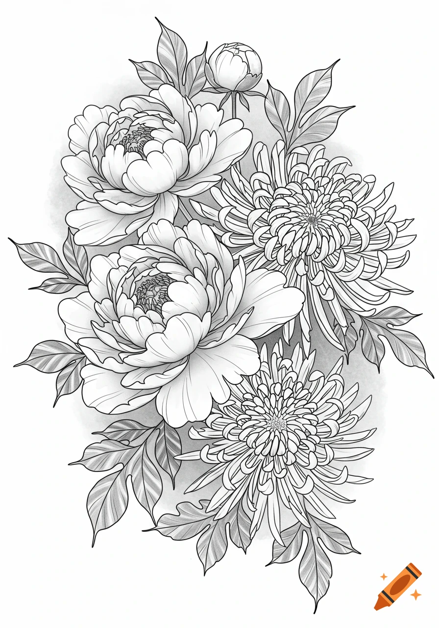 Black and white line art of a bouquet of peonies and chrysanthemums in a tattoo stencil style.