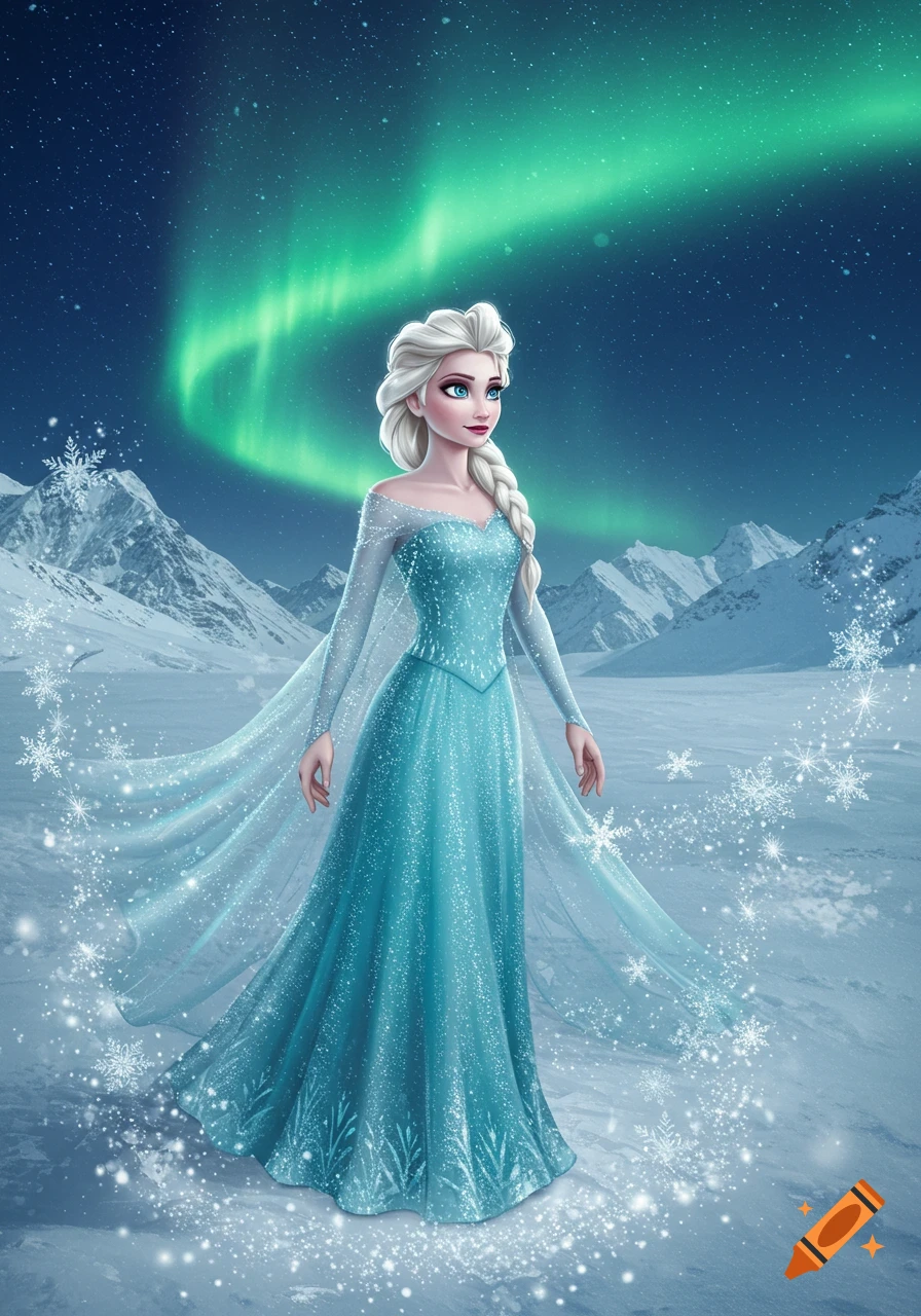 Elsa in a shimmering blue dress stands in a snowy mountain landscape under a green aurora borealis, with sparkling snowflakes.