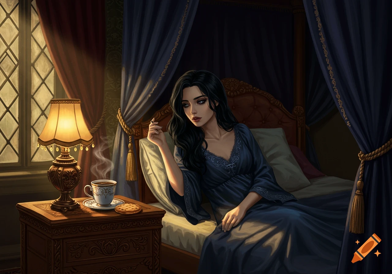 Dark-haired woman in blue nightgown sits in an ornate four-poster bed with a bedside lamp, coffee, and biscuit. Digital art.