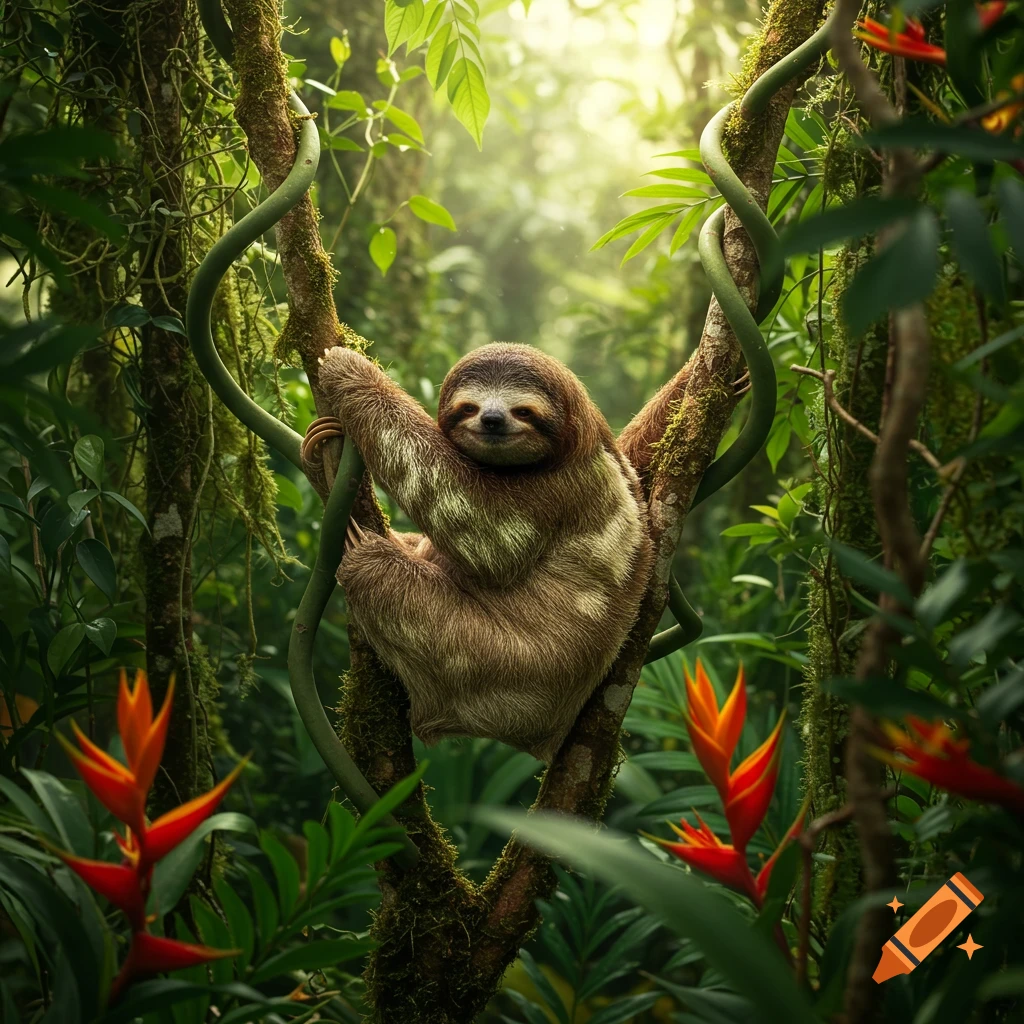 A three-toed sloth hangs from a mossy tree branch in a vibrant, sunlit rainforest, surrounded by lush green foliage and tropical flowers.