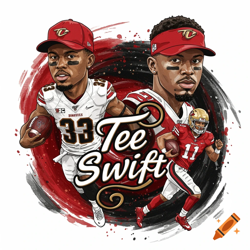 Two cartoon football players, one in white #33, one in red #11, with 'Tee Swift' text on a red and black abstract background.